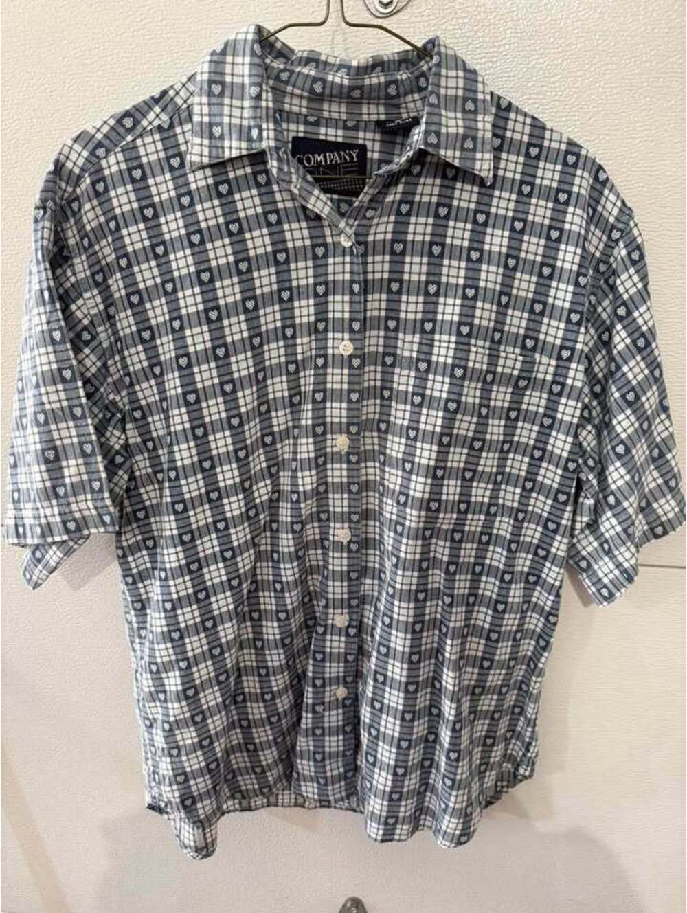 Vintage Blue Plaid Heart Print Short Sleeve Shirt Size womens size M